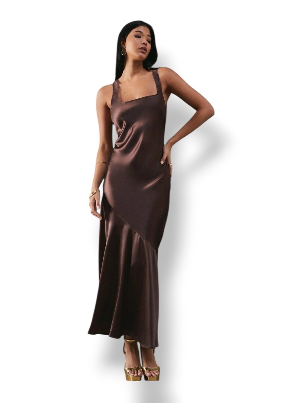 Warehouse Satin Slip Dress — Deep Brown